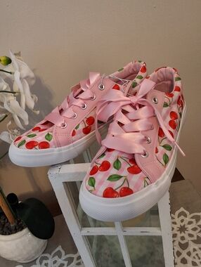 Olivia & Kate, 7.5, NWT, Pink Cherry Print Ribbon Lace-Up Sneakers